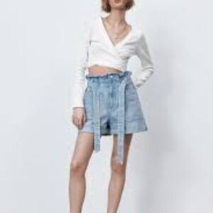 Zara Women's Blue Denim High Waisted Paperbag Belted Tie Shorts Coquette Girl S